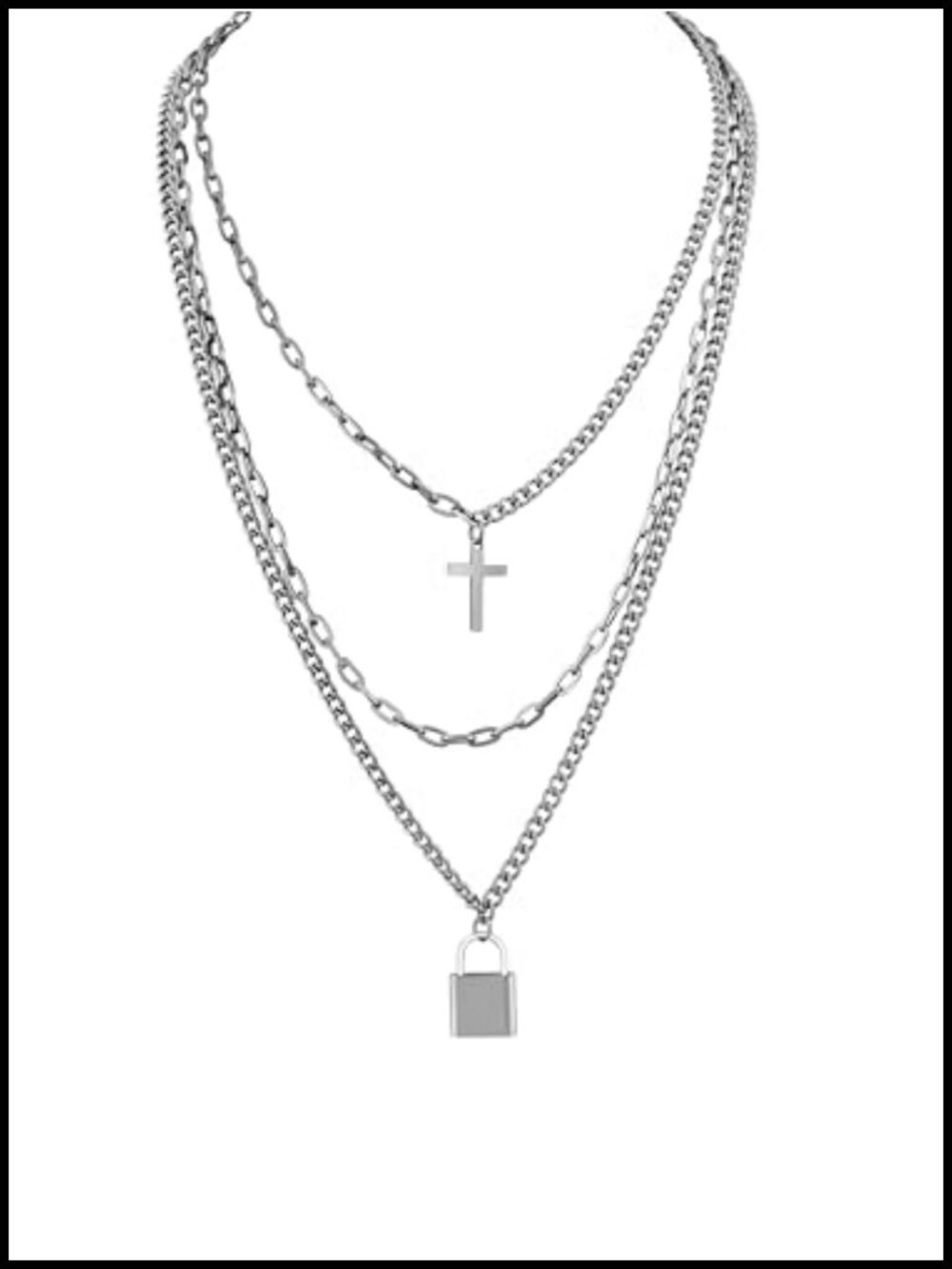 Goth Layered Stainless Steel Cross Lock Necklace Set